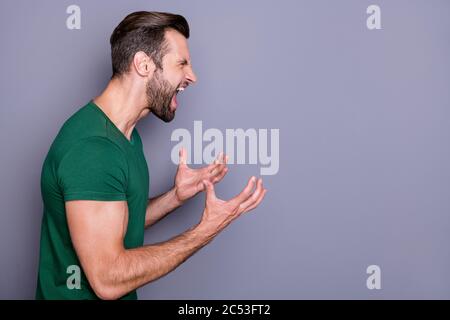Profile photo of attractive crazy guy neat hairdo bristle raise arms yelling furious side empty space fighting with girlfriend wear casual green t Stock Photo