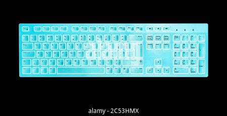 Top view of Full size wireless light desktop computer keyboard isolated on black background with clipping path Stock Photo