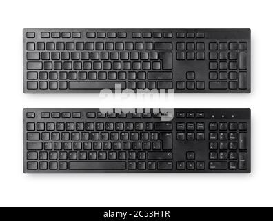 Top view of Full size wireless desktop computer keyboard isolated on white background with clipping path inside. (Eng and empty alphabet) Stock Photo