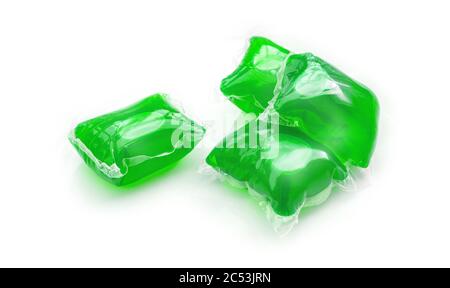 Pile of washing gel capsule pods with laundry detergent isolated on white background Stock Photo