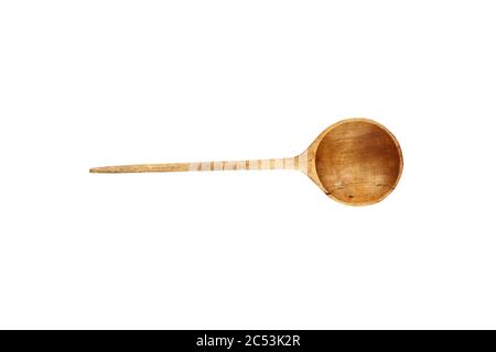 Old antique hand carved wooden spoon with deep bowl made of olive wood isolated over a white background with clipping path included. Top view. Stock Photo