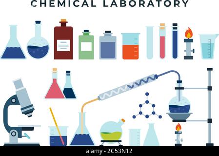 Chemical training or research laboratory equipment, set of flat icons. Flask, spirit lamp, test tube, microscope, reagents, beaker, chemicals. Stock Vector