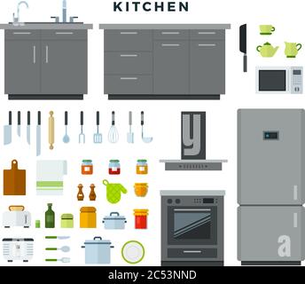 Collection of kitchen utensils, appliances, equipment, furniture. Vector illustration in flat style. Stock Vector
