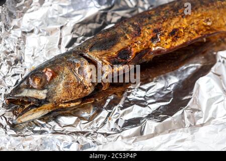 grilled makarel on alu foil Stock Photo