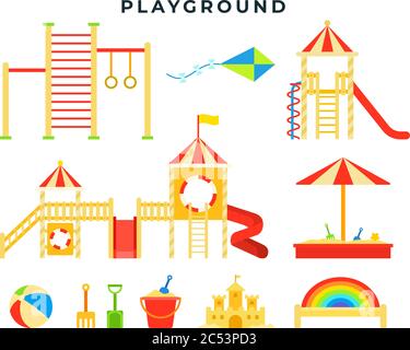 Children entertainment playground with sandbox, slide, horizontal bar, ladder, swing, toys. Children s game place. Vector illustration. Stock Vector