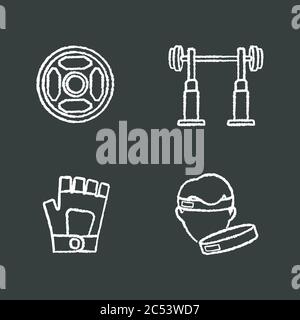 Weightlifting chalk white icons set on black background Stock Vector
