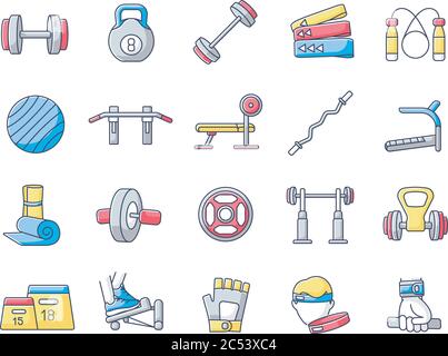 Home gym equipment RGB color icons set Stock Vector
