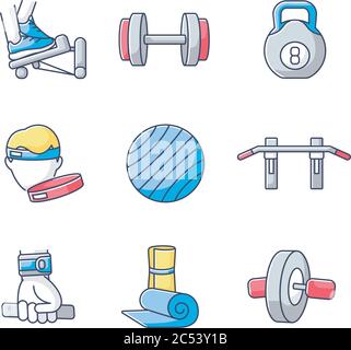 Workout equipment RGB color icons set Stock Vector