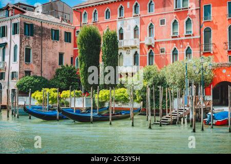 Old ancient vivid colored facades of houses on Grand Canal, Venice, Italy. Vintage hotels and residential buildings in historical architecture of Veni Stock Photo