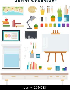 Workspace of creator, artist, designer, set of elements. Everything for traditional and digital drawing. Vector illustration. Stock Vector