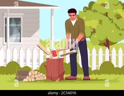 Lumberjack working in garden semi flat vector illustration Stock Vector