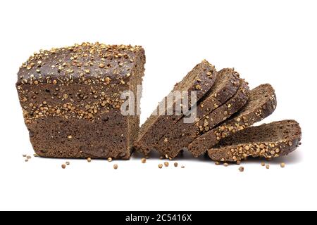 Sliced of rye bread on isolated white background. Black bread (Borodino bread) sprinkled with coriander. Full depth of field with clipping path. Stock Photo