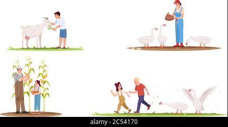 Farm animals with owners semi flat vector illustration set Stock Vector