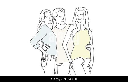 Man hugging two girls. Hand drawn vector illustration. Stock Vector