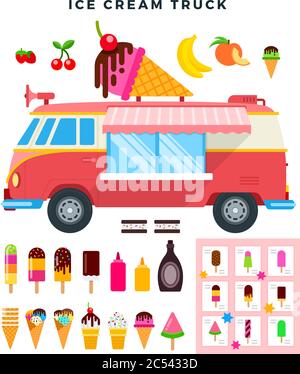 Ice cream truck, side view. Ice cream van, various ice creams, set. Vector flat style illustration. Stock Vector