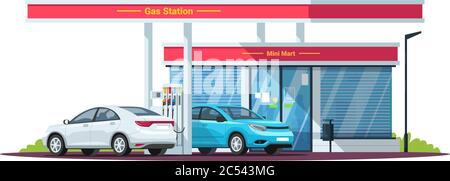 Gas, petrol station with cars semi flat RGB color vector illustration Stock Vector