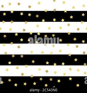 Gold glittering stars with black and white striped pattern. Seamless vector pattern on striped background. Shiny holidays background. Golden glitter p Stock Vector