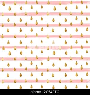 Gold glittering drops, hand-drawn with golden paint. Seamless vector pattern on striped background. Shiny holidays background. Golden glitter pattern. Stock Vector