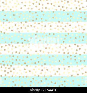 Gold glittering drops on turquoise and white stripes. Seamless vector pattern on striped background. Shiny holidays background. Golden glitter pattern Stock Vector