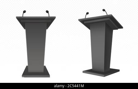 Black pulpit, podium or tribune front side view. Rostrum stand with microphone for conference debates, trophy isolated on transparent. Business presentation speech pedestal Realistic vector mock up Stock Vector