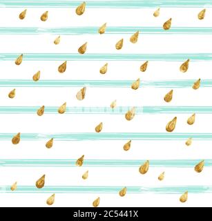 Gold glittering drops, hand-drawn with golden paint. Seamless vector pattern on striped background. Shiny holidays background. Golden glitter pattern. Stock Vector