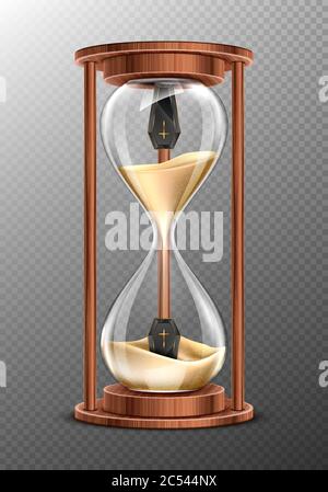 Life is short, RiP concept, hourglass with coffins inside and pouring sand. Glass clock in wooden frame, realistic 3d vector timer with flowing grains and caskets isolated on transparent background Stock Vector