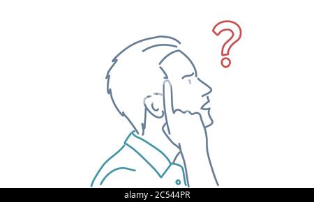Young businessman with a question mark. Profile. Colour line drawing vector illustration. Stock Vector
