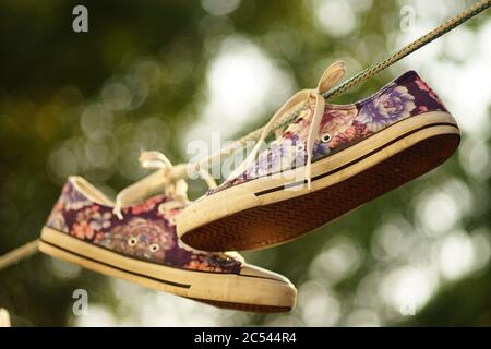 sneakers after washing are dried on a rope in a summer garden. Stock Photo