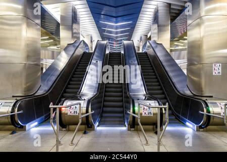 MOSCOW - AUGUST 10, 2016: Escalator in subway, metro station Delovoy Tsentr. This is a modern station, it was built in 2014. Stock Photo