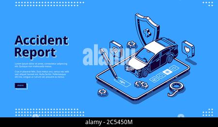 Accident report banner. Online service for registration car crush and damage. Vector landing page of police report of vehicle accident with isometric illustration of smartphone, car and shield Stock Vector