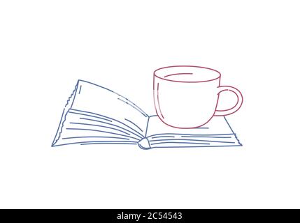 Line drawing vector illustration of open book and cup. Stock Vector