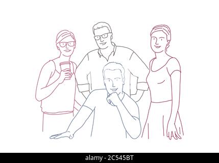 Team of four business people, two women, two men. Line drawing vector illustration. Stock Vector