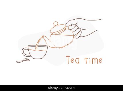 Hand holding teapot pouring tea in cup. Tea time card. Line drawing vector illustration. Stock Vector