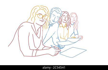 Business team seating at the table. Colour line drawing vector illustration. Stock Vector