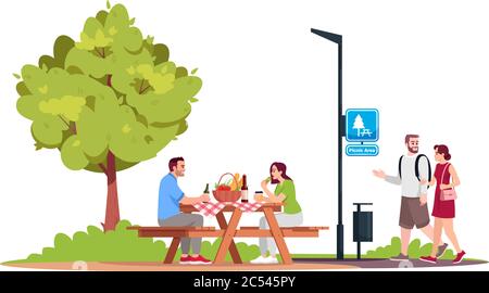 Couple sitting at a picnic table in park semi flat RGB color vector illustration Stock Vector