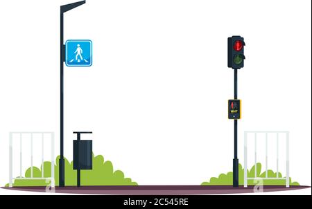 Crosswalk with wait traffic button semi flat RGB color vector illustration Stock Vector