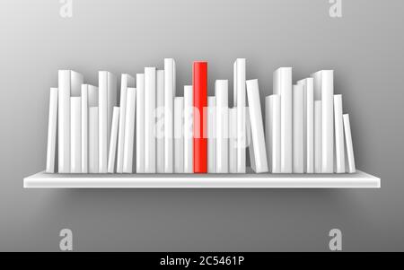 Books on white bookshelf, bestseller mockup with red cover stand on shelf in library or store. Booklets, diary volumes with empty spines stand in row at rack hang on wall, realistic 3d vector mock up Stock Vector