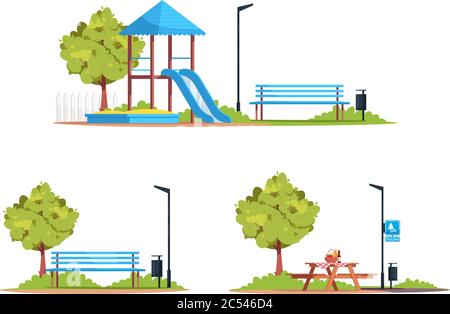 Public recreation area semi flat RGB color vector illustrations set Stock Vector