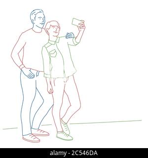 Couple making selfie photo. Colour line drawing vector illustration. Stock Vector