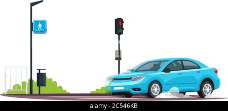 Car crossing pedestrian crosswalk semi flat RGB color vector illustration Stock Vector