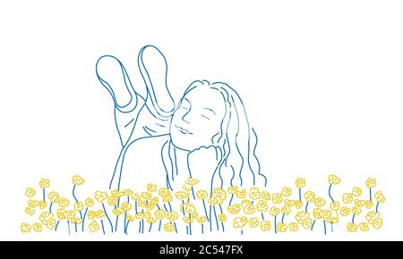 Happy girl lying on the grass in the garden. Colour line drawing vector illustration. Stock Vector