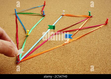 Business structure and connections concept. Network from pins and strings. Stock Photo