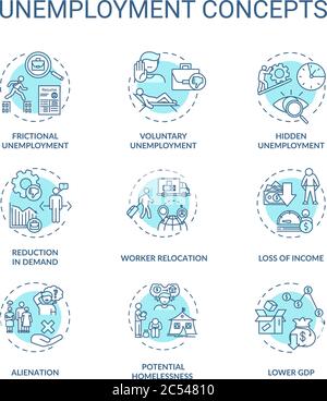 Unemployment type turquoise concept icons set Stock Vector