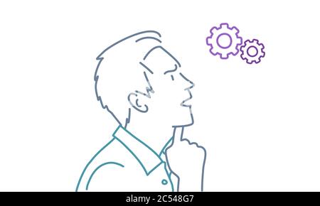Thoughtful man holding hand on chin. Profile. Colour line drawing vector illustration. Stock Vector