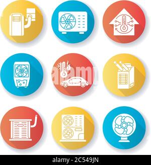 Air cooling and heating flat design long shadow glyph icons set Stock Vector
