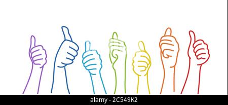 Hands showing thumbs up. Colour line drawing vector illustration. Stock Vector
