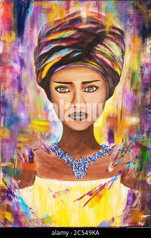 Colorful painted african woman with turban on canvas Stock Photo