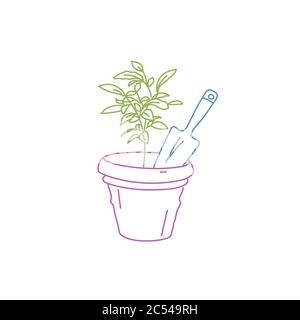 Sprout in a pot. Shovels for gardening. Gardening or planting concept. Colour line drawing vector illustration. Stock Vector