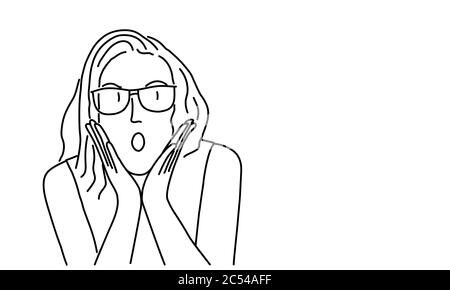 Line drawing of surprised girl with glasses. Vector illustration. Stock Vector