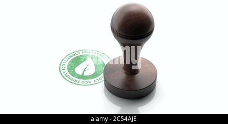 ECO FRIENDLY stamp. Wooden round rubber stamper and stamp with text eco friendly isolated on white background. 3d illustration Stock Photo